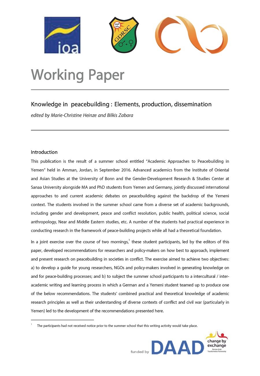 Working Paper: Knowledge in Peacebuilding: Elements, Production, Dissemination