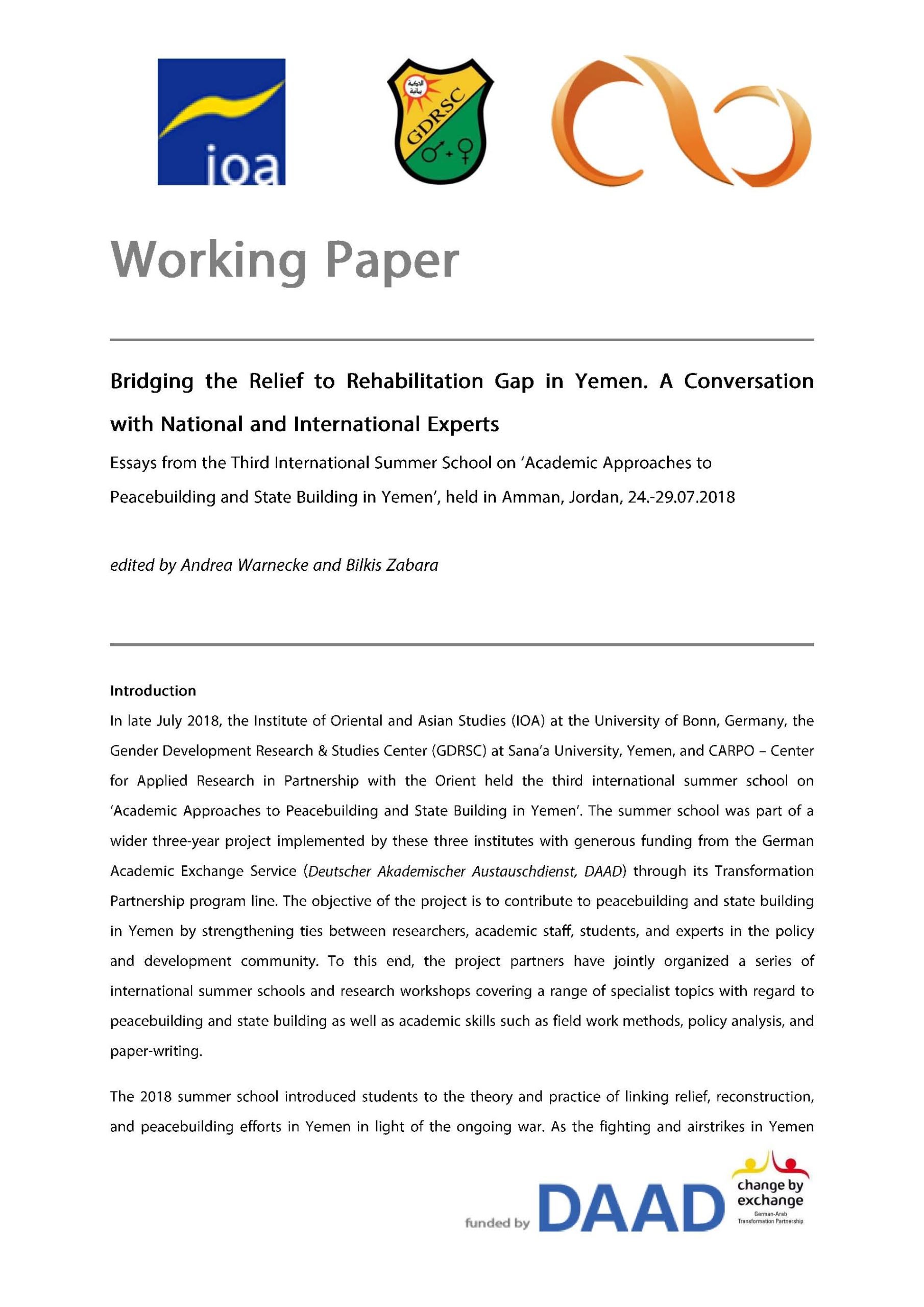 Working Paper: Bridging the Relief to Rehabilitation Gap in Yemen. A Conversation with National and International Experts