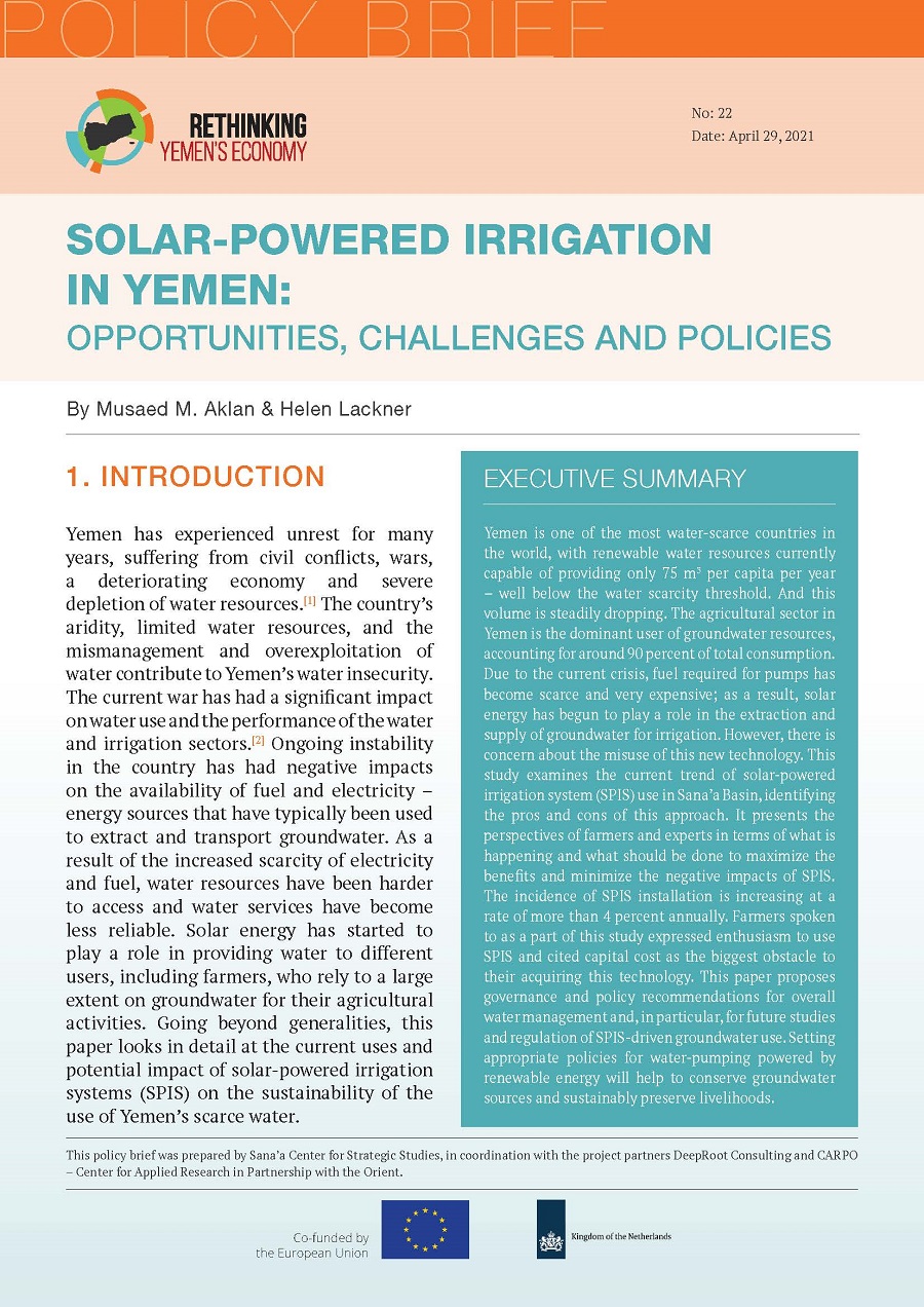 Solar-Powered Irrigation in Yemen: Opportunities, Challenges and Policies